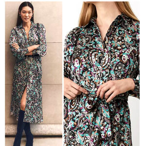 Ann Taylor Shirt dress 8P 8 Black teal purple Paisley Belted Fairy whimsigoth